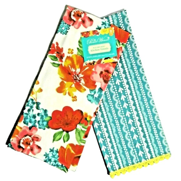 Pioneer Woman Wildflower Whimsy Kitchen Towels 2pc White Teal Stripe Floral Gift - Picture 1 of 5